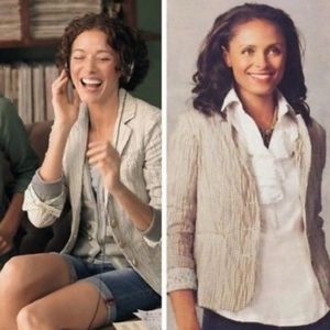 Cabi seersucker ginger snap crinkle gingham blazer jacket tan and white